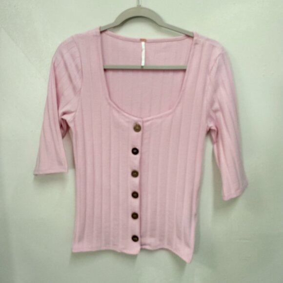 FREE PEOPLE, Pink, Square Neck, Short Sleeve Button Down Shirt, Size L - Picture 4 of 5